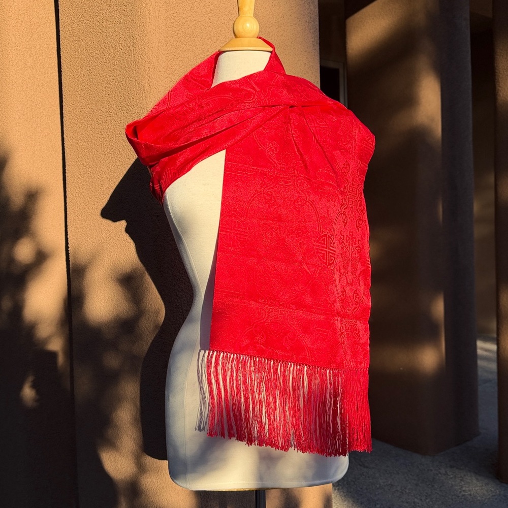 Hong Kong Elegant Crimson Red Silk Scarf, vintage 2003, Never Worn